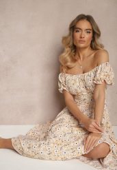 Żółta Rozkloszowana Sukienka w Kwiatowy Print z Bawełną i Dekoltem Łódką z Bufkami Saniren. Żółte sukienki Renee, l, bez wzorów, z bawełny, eleganckie, bez kołnierzyka, bez ramiączek, midi, rozkloszowane. Za 69.99 zł.