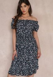 Granatowa Bawełniana Sukienka Midi Hiszpanka z Gumką w Pasie Dnise. Niebieskie sukienki Renee, l, bez wzorów, z bawełny, bez kołnierzyka, bez ramiączek, midi. Za 39.99 zł.