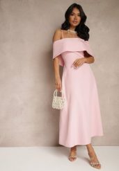 Różowa Rozkloszowana Sukienka na Ramiączkach z Wywiniętym Dekoltem Jenavitia. Czerwone sukienki Renee, na imprezę, m, bez wzorów, eleganckie, bez kołnierzyka, bez ramiączek, midi, rozkloszowane. Za 99.99 zł.