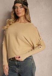 Ciemnobeżowy Sweter z Wiskozą Ozdobiony Wycięciami na Rękawach Evathia. Brązowe swetry Renee, z aplikacjami, z jeansu, bez ramiączek. Za 79.99 zł.
