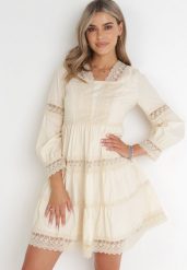 Beżowa Sukienka Mini z Koronkowymi Wstawkami i Rozkloszowanym Dołem Femona. Brązowe sukienki Born2be, na co dzień, m, bez wzorów, z koronki, bez kołnierzyka, bez ramiączek, mini, proste. Za 219.99 zł.