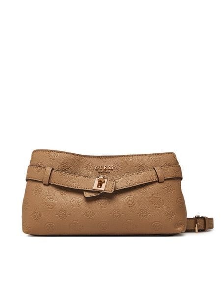 Guess Torebka Ella Logo Mini HWPD97 46730 Beżowy ciemny. Brązowe listonoszki Guess, z aplikacjami, ze skóry, bez dodatków. Za 485.99 zł.