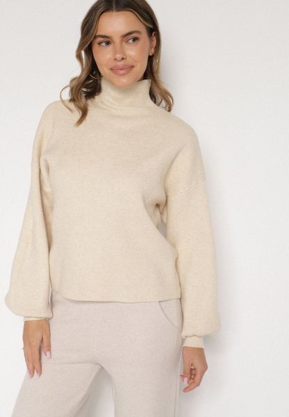 Jasnobeżowy Golf z Bufiastymi Rękawami Wedelia. Brązowe golfy Born2be, l, bez wzorów, z jeansu, bez ramiączek. Za 69.99 zł.