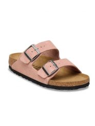 Birkenstock Skórzane klapki "Arizona" w kolorze jasnoróżowym rozmiar: 40. Różowe klapki Birkenstock, bez wzorów, ze skóry, z otwartym noskiem, bez obcasa. Za 427.07 zł.