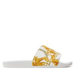 Klapki Versace Jeans Couture. Białe klapki Versace Jeans Couture, bez wzorów, z jeansu, bez obcasa. Za 299.99 zł.