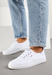 Biało-Różowe Klasyczne Tenisówki Vices ze Sznurowaną Cholewką Telisara. Białe trampki Renee, bez wzorów, z jeansu, bez zapięcia. Za 44.99 zł.