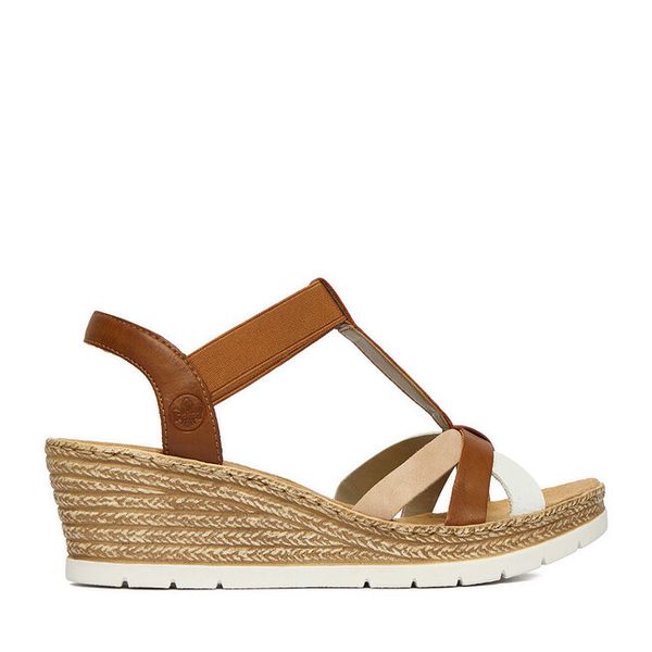 Sandały Rieker. Brązowe sandały Rieker, bez wzorów, bez obcasa, na koturnie, bez zapięcia. Za 299.99 zł.