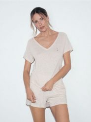 Piżama z lnem i wiskozą - kremowy. Białe piżamy Reserved, bez wzorów, z dzianiny, bez ramiączek. Za 139.99 zł.