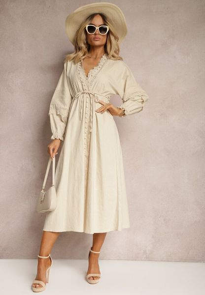 Beżowa Sukienka z Bawełny z Gumką w Talii i Koronkowymi Wstawkami z Materiałowym Paskiem Larila. Brązowe sukienki Renee, na co dzień, l, bez wzorów, z bawełny, bez kołnierzyka, bez ramiączek, maxi, proste. Za 239.99 zł.