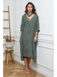 Joséfine Lniana sukienka w kolorze khaki rozmiar: XL. Brązowe sukienki Joséfine, na co dzień, xl, bez wzorów, ze lnu, z asymetrycznym kołnierzem, bez ramiączek, maxi, asymetryczne. Za 263.53 zł.