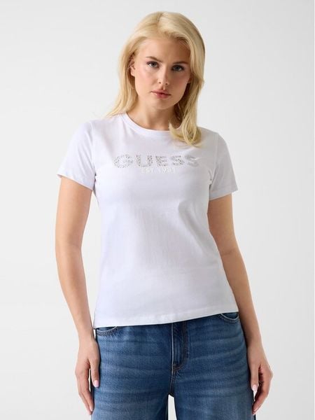 Guess T-Shirt W6GI15 K3035 Biały Regular Fit. Białe t-shirty Guess, s, z aplikacjami, z bawełny, bez kołnierzyka, bez ramiączek. Za 99.99 zł.