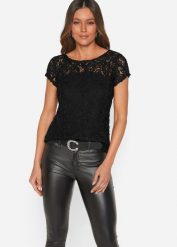 Bluzka z koronką. Białe bluzki bonprix, bez wzorów, z koronki, eleganckie, bez kołnierzyka, bez ramiączek. Za 147.99 zł.