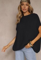 Czarny Sweter z Bawełną w Stylu Nietoperza Nilariella. Czarne swetry Renee, bez wzorów, z bawełny, bez ramiączek. Za 129.99 zł.