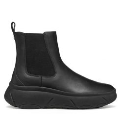 Sztyblety Geox. Czarne botki Geox, bez wzorów, bez obcasa, na płaskiej podeszwie, bez zapięcia. Za 729.99 zł.