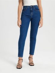 Jeansy mom high waist - granatowy. Niebieskie jeansy Sinsay, l, bez wzorów, z podwyższonym stanem. W wyprzedaży za 22.99 zł.