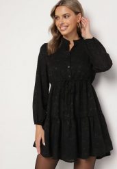 Czarna Rozkloszowana Sukienka z Tkaniny Plumeti ze Ściągaczem w Talii i Falbanką Ilisia. Czarne sukienki Born2be, m, bez wzorów, z tkaniny, boho, bez kołnierzyka, bez ramiączek, mini, rozkloszowane. Za 139.99 zł.