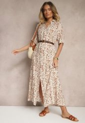 Ciemnobeżowa Wiskozowa Sukienka o Pudełkowym Fasonie w Ornamentalny Print Ridinna. Brązowe sukienki Renee, na co dzień, na lato, l, bez wzorów, z wiskozy, eleganckie, bez kołnierzyka, bez ramiączek, maxi, kopertowe. Za 59.99 zł.