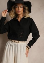 Czarna Koszula Oversize z Lnem Zdobiona Ażurowymi Wstawkami Dannivra. Czarne koszule Renee, l, z aplikacjami, biznesowe, bez kołnierzyka, bez ramiączek. Za 99.99 zł.