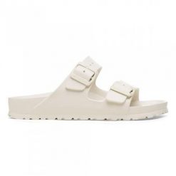 Klapki damskie Birkenstock Arizona Eva. Białe klapki Birkenstock, bez wzorów, z materiału, bez obcasa. Za 169.00 zł.
