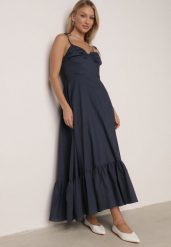 Granatowa Bawełniana Sukienka o Rozkloszowanym Kroju na Wiązanych Ramiączkach Milalisa. Niebieskie sukienki Born2be, na co dzień, m, bez wzorów, z bawełny, klasyczne, bez kołnierzyka, bez ramiączek, maxi, gorsetowe. Za 169.99 zł.