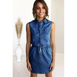 Sukienka SANTRA BLUE. Niebieskie sukienki Sukienka SANTRA BLUE, l, bez wzorów, bez kołnierzyka, bez ramiączek, mini. W wyprzedaży za 79.00 zł.