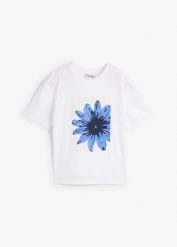 Bawełniany T-shirt z nadrukiem. Białe t-shirty bonprix, bez wzorów, z bawełny, bez kołnierzyka, bez ramiączek. Za 27.99 zł.