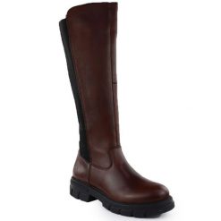Skórzane kozaki damskie z gumą brązowe Rieker Z9158-27. Brązowe kozaki Rieker, z gumy, bez obcasa, bez zapięcia. Za 519.00 zł.