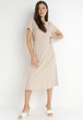 Beżowa Sukienka Bawełniana Chipih. Brązowe sukienki Born2be, na lato, l, bez wzorów, z bawełny, eleganckie, bez kołnierzyka, bez ramiączek, midi. Za 29.99 zł.