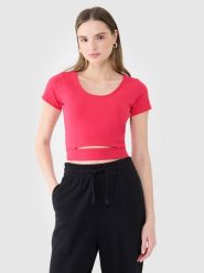 4F T-shirt crop top gładki damski - różowy L. Czerwone t-shirty 4f, l, bez wzorów, z bawełny, bez kołnierzyka, bez ramiączek. W wyprzedaży za 19.99 zł.