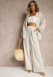 Beżowy Bawełniany Komplet Muślinowy Oversize z Koszulą i Szerokimi Spodniami Ziorina. Brązowe koszule Renee, z aplikacjami, z bawełny, eleganckie, bez kołnierzyka, bez ramiączek. Za 139.99 zł.