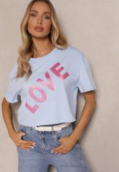 Niebieski Krótki T-shirt Oversize z Bawełny z Ozdobnym Napisem Sanillva. Niebieskie t-shirty Renee, m, bez wzorów, z bawełny, bez kołnierzyka, bez ramiączek. Za 39.99 zł.