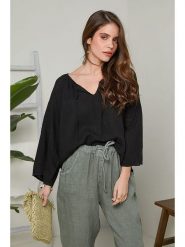 Rodier Lin Lniana bluzka w kolorze czarnym rozmiar: L/XL. Czarne bluzki Rodier Lin, l, bez wzorów, ze lnu, bez kołnierzyka, bez ramiączek. Za 145.60 zł.