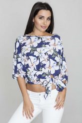 Kwiatowa Krótka Bluzka z Wiązaną Kokardą. Białe bluzki Figl, xl, bez wzorów, bez kołnierzyka, bez ramiączek. Za 189.00 zł.