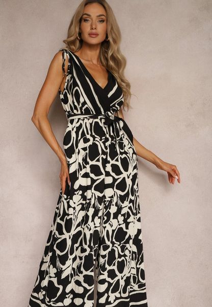 Czarno-Biały Kombinezon z Dodatkiem Wiskozy Paskiem w Talii i Kopertowym Dekoltem Paratia. Czarne sukienki Renee, na co dzień, l, bez wzorów, z wiskozy, eleganckie, bez kołnierzyka, bez ramiączek, kopertowe. Za 119.99 zł.