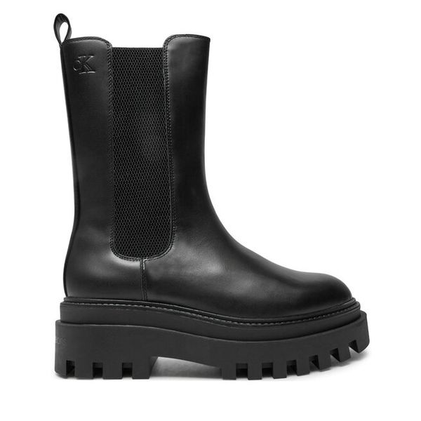 Sztyblety Calvin Klein Jeans. Czarne botki Calvin Klein Jeans, bez wzorów, z jeansu, bez obcasa, na płaskiej podeszwie, bez zapięcia. Za 759.99 zł.