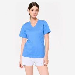 Koszulka z krótkim rękawem damska Domyos Gym & Pilates. Niebieskie bluzki NYAMBA, xs, bez wzorów, z bawełny, sportowe, bez kołnierzyka, bez ramiączek. Za 39.99 zł.