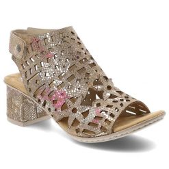 Sandały damskie Rieker, cholewka z materiału z ażurowymi wycięciami i nadrukiem na stabilnym obcasie, kolorowe, 64780-90. Sandały Rieker, w ażurowe wzory, bez obcasa, na obcasie, bez zapięcia. Za 299.00 zł.