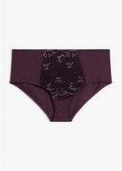 Figi modelujące z delikatną koronką. Fioletowe figi bonprix, bez wzorów, z koronki. Za 49.99 zł.