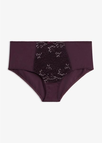 Figi modelujące z delikatną koronką. Fioletowe figi bonprix, bez wzorów, z koronki. Za 49.99 zł.