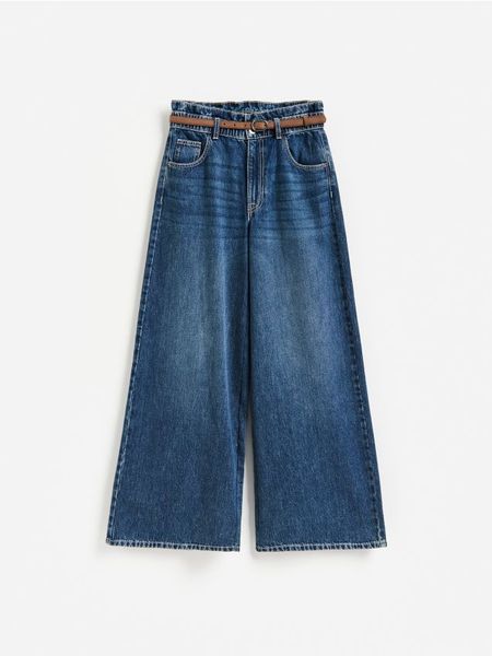 Jeansy wide leg z paskiem - granatowy. Niebieskie jeansy Reserved, bez wzorów. Za 159.99 zł.
