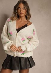 Jasnobeżowy Oversizowy Kardigan z Dodatkiem Wełny w Kwiaty Nelenesa. Brązowe kardigany Renee, bez wzorów, z jeansu. Za 169.99 zł.