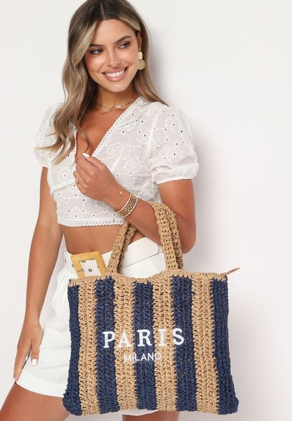 Granatowo-Beżowa Torebka z Plecionki z Ozdobnym Nadrukiem "Paris Milano" Rivani. Niebieskie torebki klasyczne Born2be, bez wzorów, z nadrukiem, bez dodatków. Za 109.99 zł.