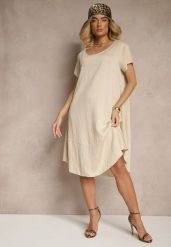 Beżowa Sukienka z Wiskozy o Rozkloszowanym Kroju Irisena. Brązowe sukienki Renee, na co dzień, l, bez wzorów, z jeansu, eleganckie, bez kołnierzyka, bez ramiączek, midi, proste. Za 49.99 zł.