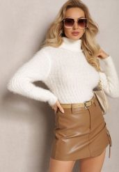 Biały Golf z Puchatego Materiału z Wełną i Długim Rękawem Geolla. Białe golfy Renee, bez wzorów, z wełny, bez ramiączek. Za 49.99 zł.