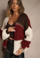 Bordowy Kardigan z Domieszką Wełny i Wiskozy w Patchworkowym Stylu Fesolinne. Czerwone kardigany Renee, s, bez wzorów, z jeansu. Za 149.99 zł.