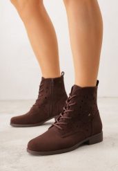 Brązowe Ażurowe Botki ze Sznurowaną Cholewką Sephylia. Brązowe botki Renee, w ażurowe wzory, bez obcasa, na płaskiej podeszwie, bez zapięcia. Za 129.99 zł.