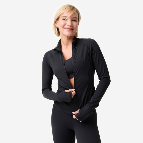 Bluza do jogi i pilatesu damska Domyos Breathe rozpinana. Czarne bluzy DECATHLON, xs, bez wzorów, z elastanu, bez kaptura. Za 149.99 zł.