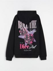 Bluza hoodie z nadrukiem na plecach - czarny. Czarne bluzy sportowe Sinsay, l, bez wzorów, bez kaptura. Za 49.99 zł.
