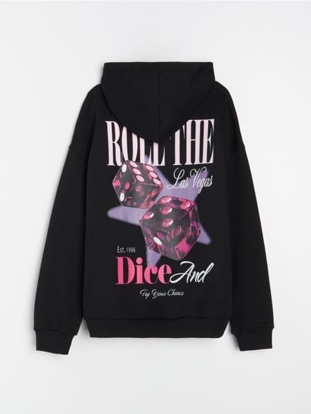 Bluza hoodie z nadrukiem na plecach - czarny. Czarne bluzy Sinsay, l, bez wzorów, bez kaptura. Za 49.99 zł.