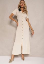 Jasnobeżowa Wiskozowa Sukienka Rozkloszowana Retro z Guzikami i Kołnierzem Ardival. Brązowe sukienki Renee, na co dzień, z aplikacjami, z materiału, eleganckie, bez kołnierzyka, bez ramiączek, maxi, proste. Za 139.99 zł.